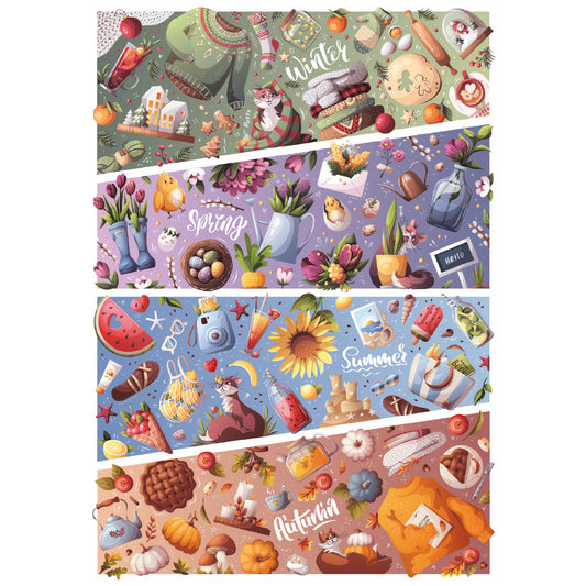 puzzle de 1000 pieces representant 4 scenes pleines d'elements representatifs des 4 saisons